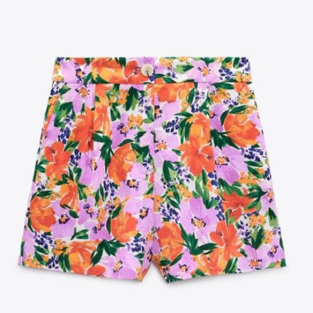 Zara Linen Blend Floral Print Shorts Size Medium